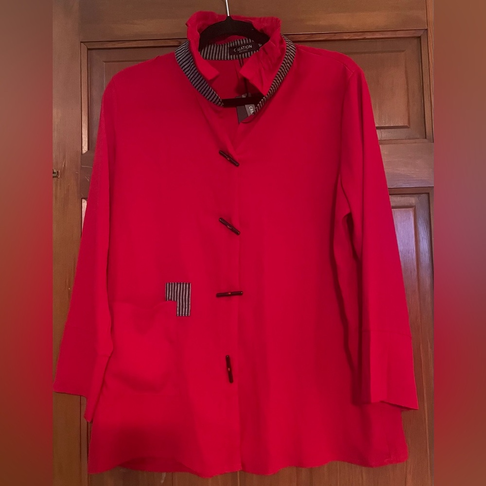 Red Button-Up long sleeve blouse black accents. Brand new size Small & XL